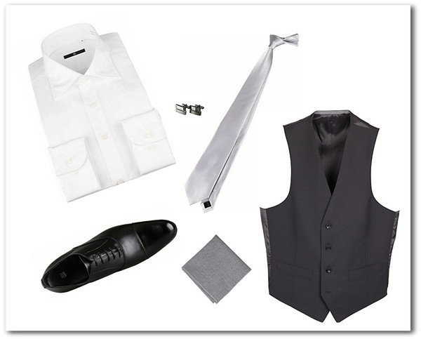 サテンのシルバーソリッドネクタイ+ブラックジレのコーディネート