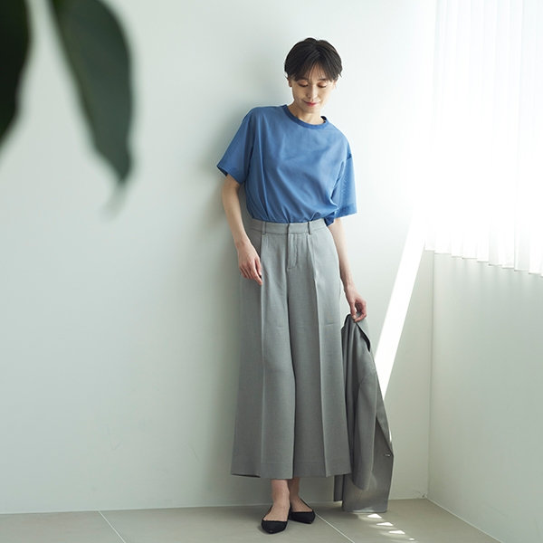 レディース半袖ブルー切替クルーネックシャツ