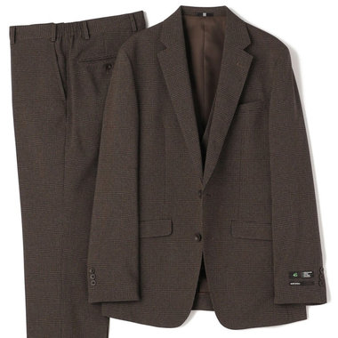 【SLIM TAPERED_2】【春夏】2釦シングルスリーピーススーツ 0タック/ブラウン×チェック/ウエストシャーリング/4S SUSTAINABILITY&ECOLOGY FABRIC/※パンツ裾上げ済仕様