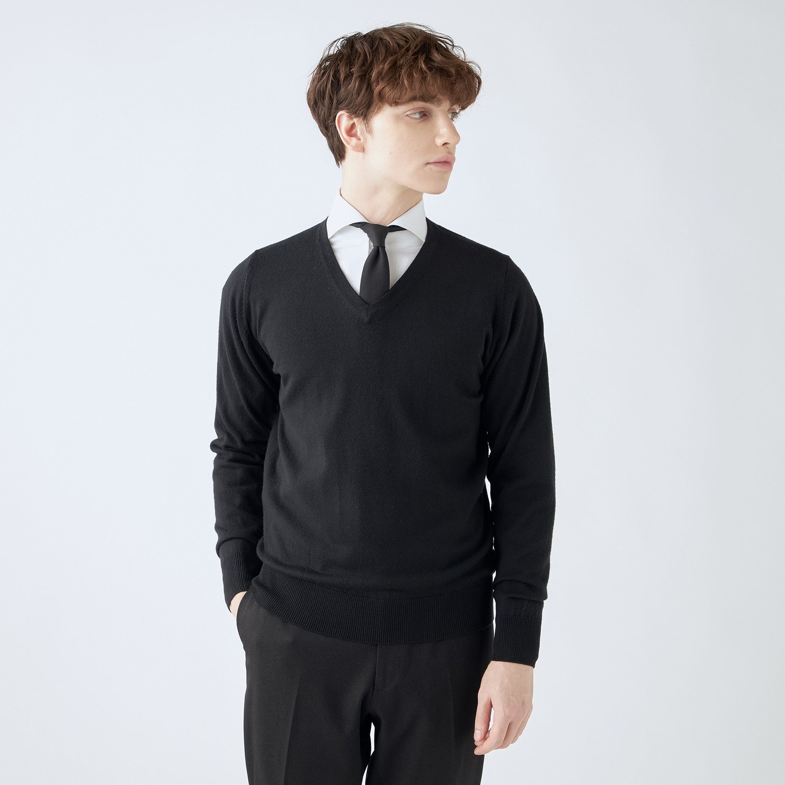 【RBC】【秋冬】ウール100%Vネックニットセーター/ブラック/ZEGNA BARUFFA/マシンウォッシャブル