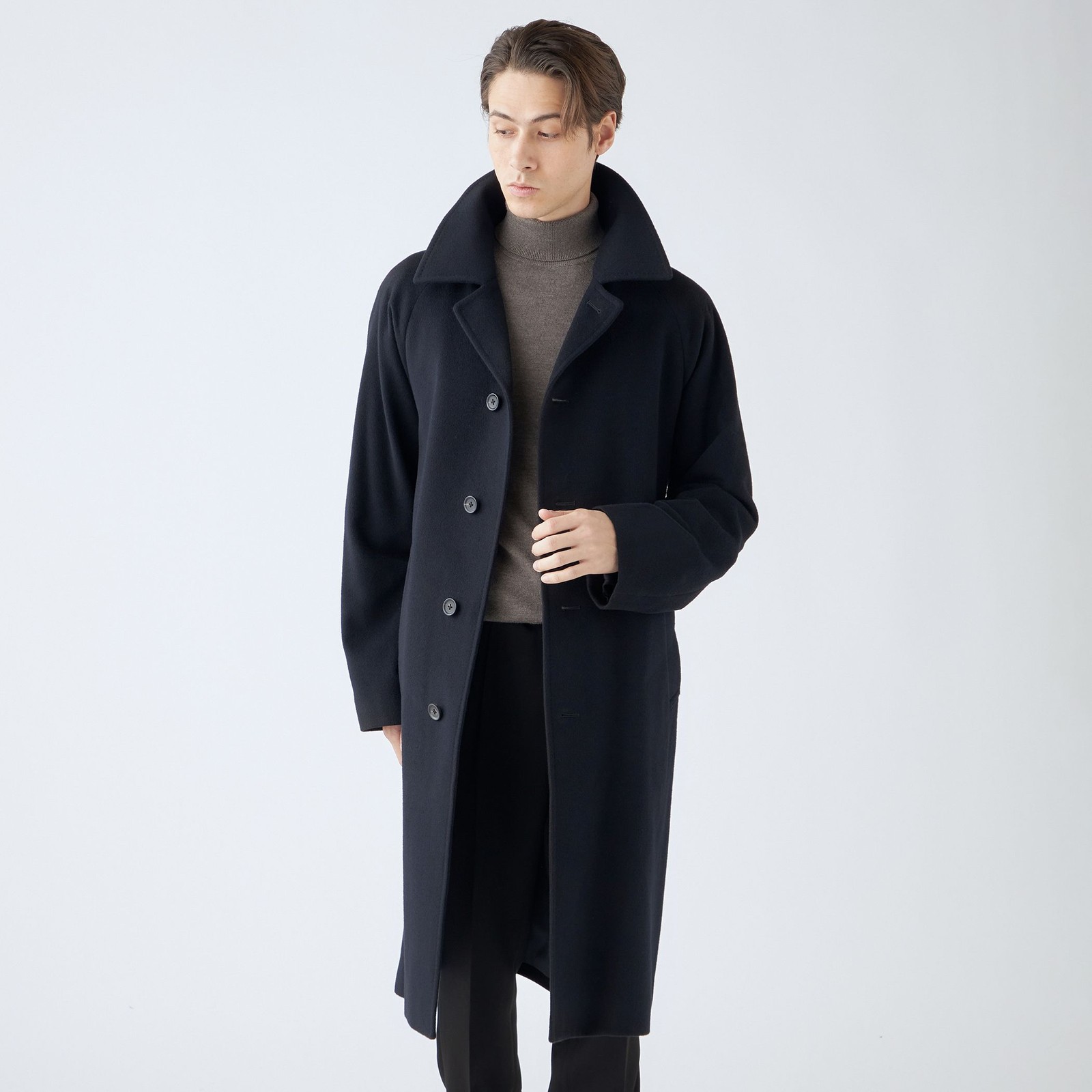 【SL】カシミヤブレンドシングルラグランベルテッドコート/ネイビー/BISHU JAPAN FABRIC