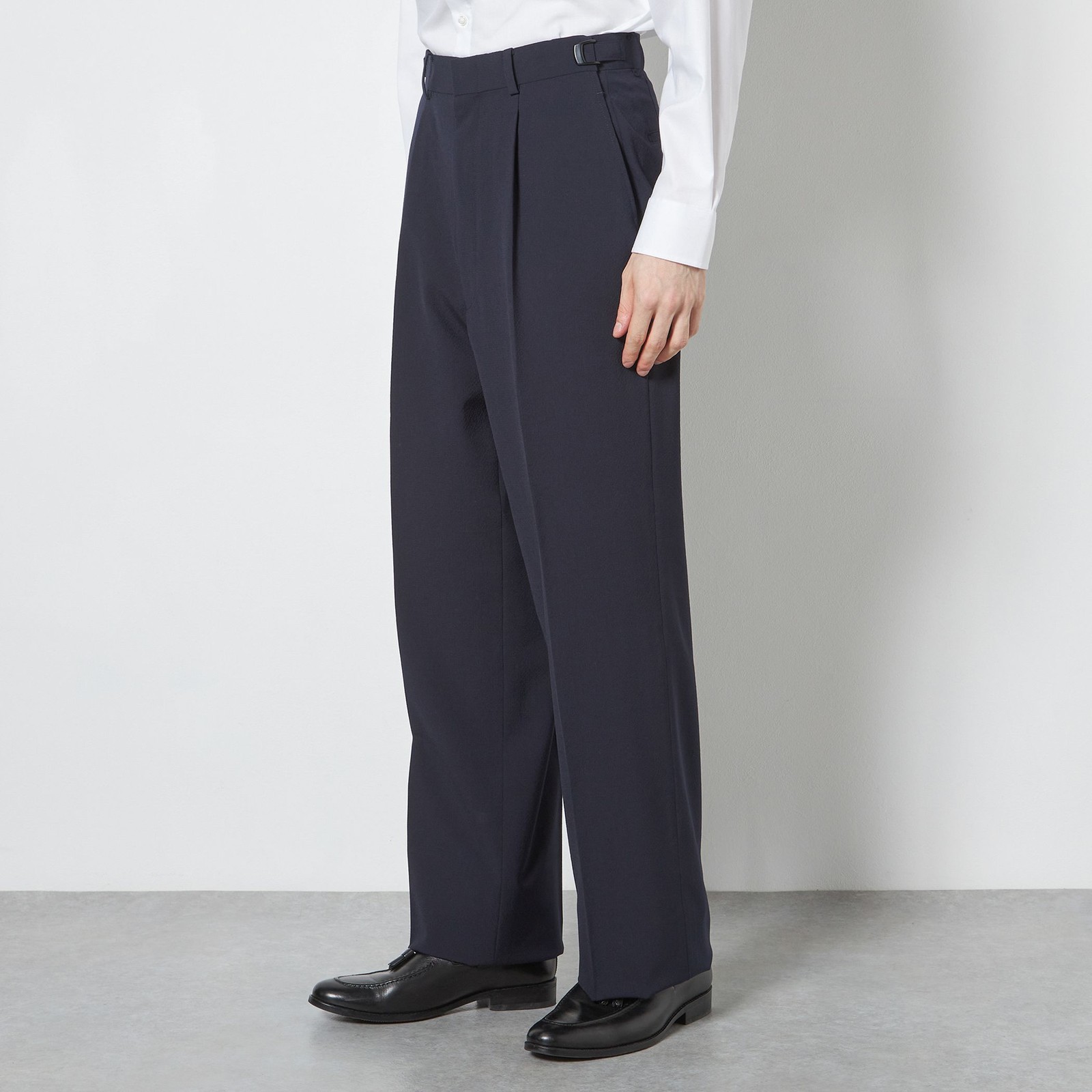 【WIDE PANTS SUIT】【春夏】1タックワイドシルエットパンツ/ネイビー×シアサッカー/NEW ZEALAND WOOL MIX Super100’s/※裾上げ必要
