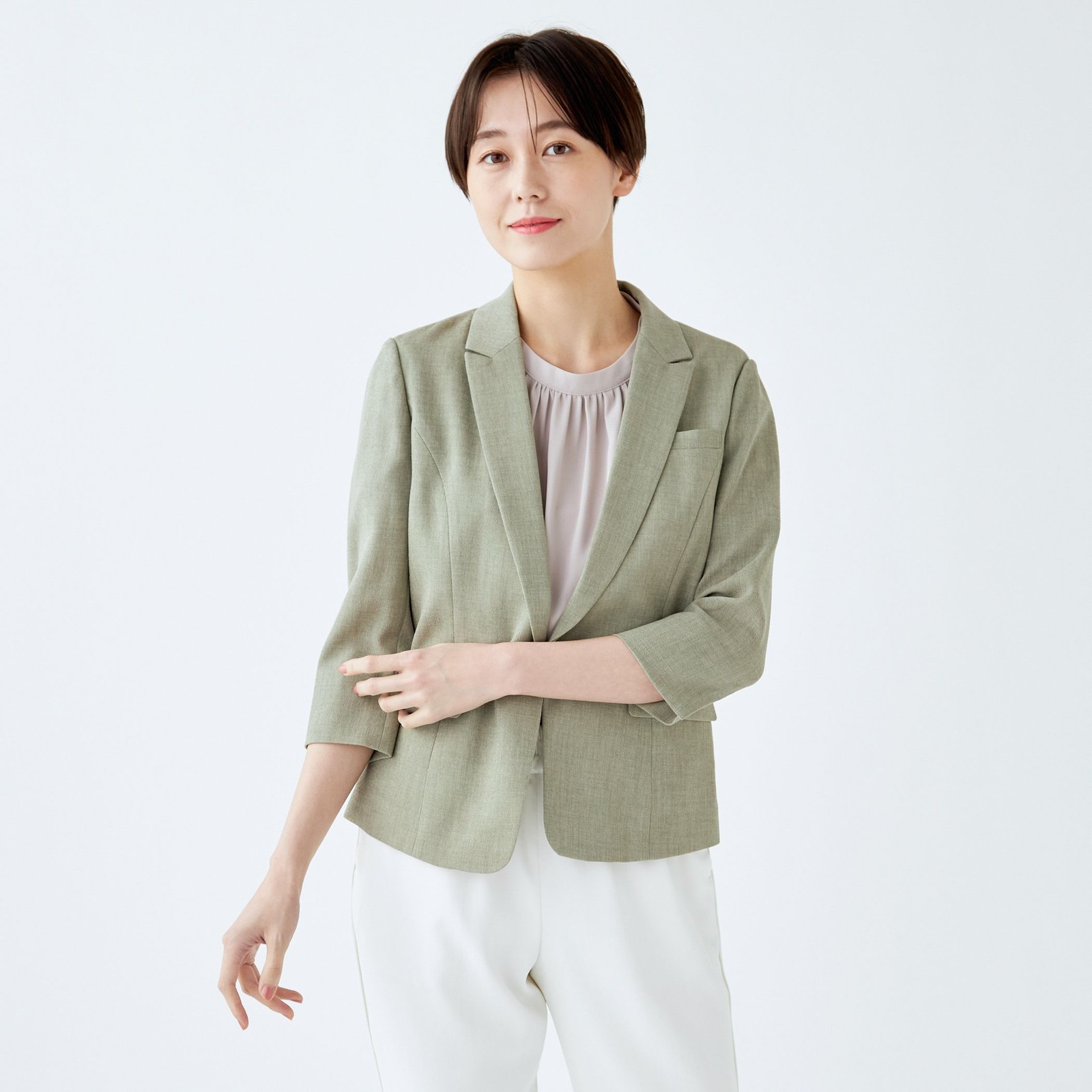 【WEB限定/OUTLET】【SL】【春夏】1釦シングル七分袖ジャケット/グリーン/ウォッシャブル