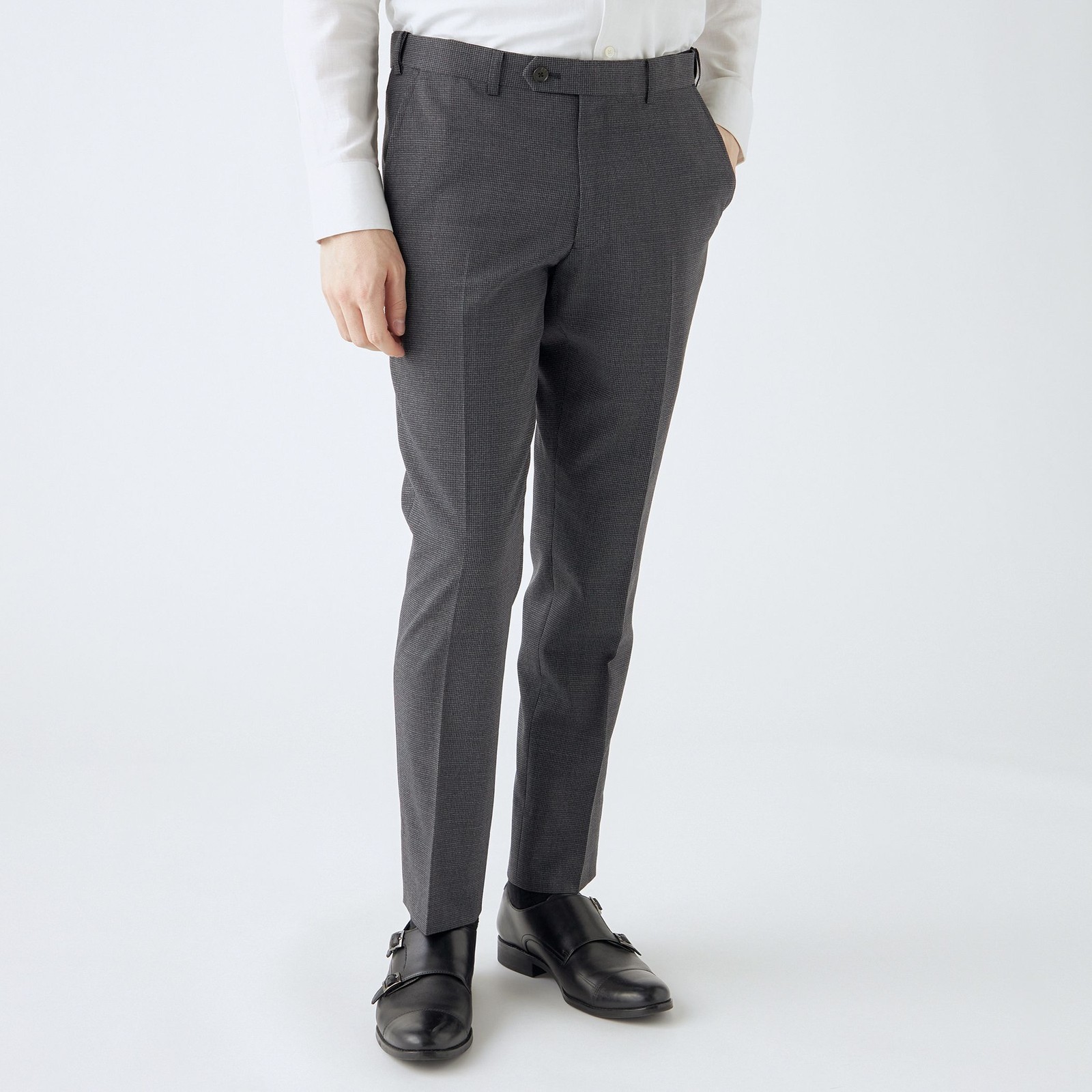 【4S CROSS】【年間】セットアップパンツ 0タック/グレー×ハウンドトゥース/ウエストムーブ/※裾上げ済仕様