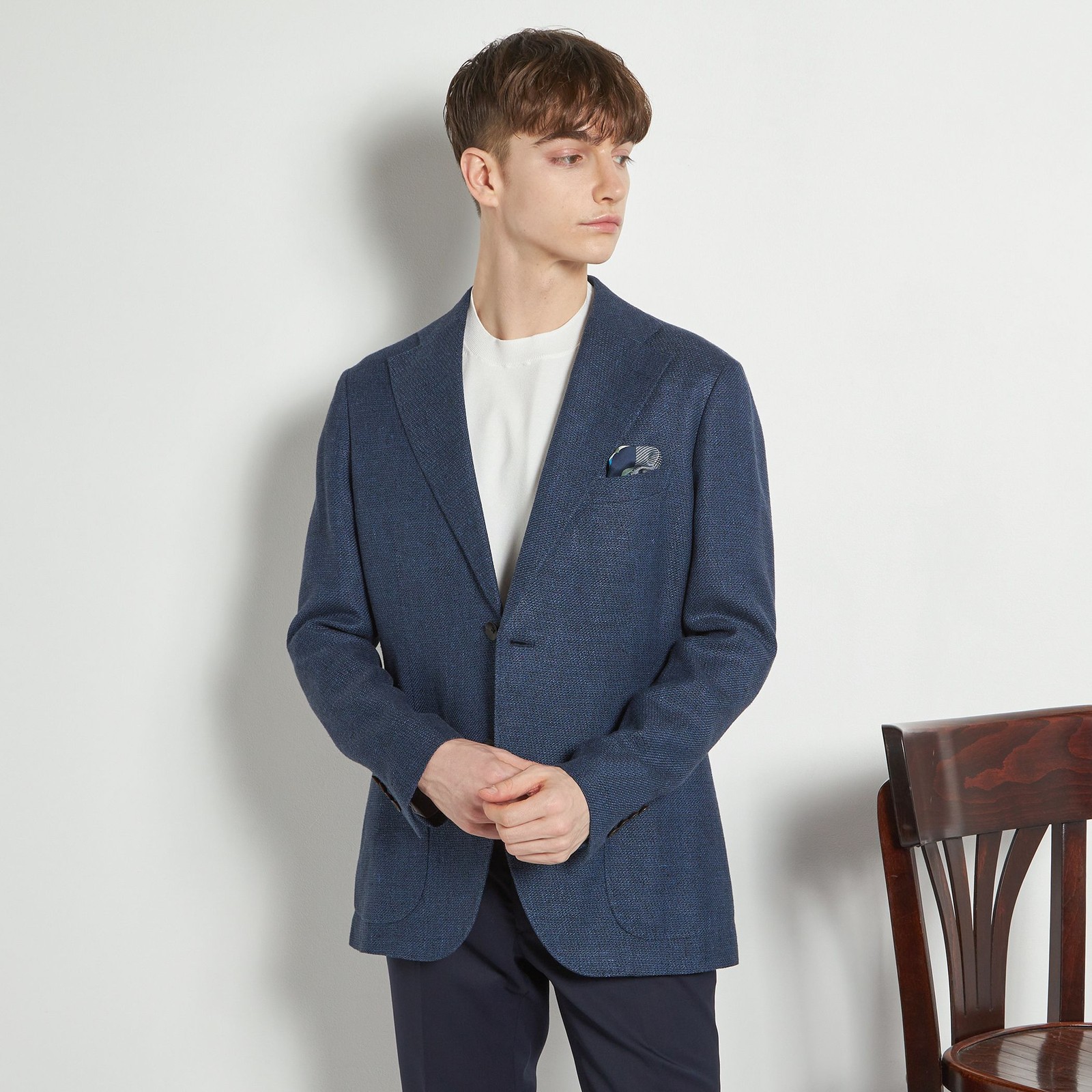 【CLASSICO TAPERED】【春夏】ウールリネン2釦シングルジャケット/ネイビー/パッチポケット/MARZOTTO