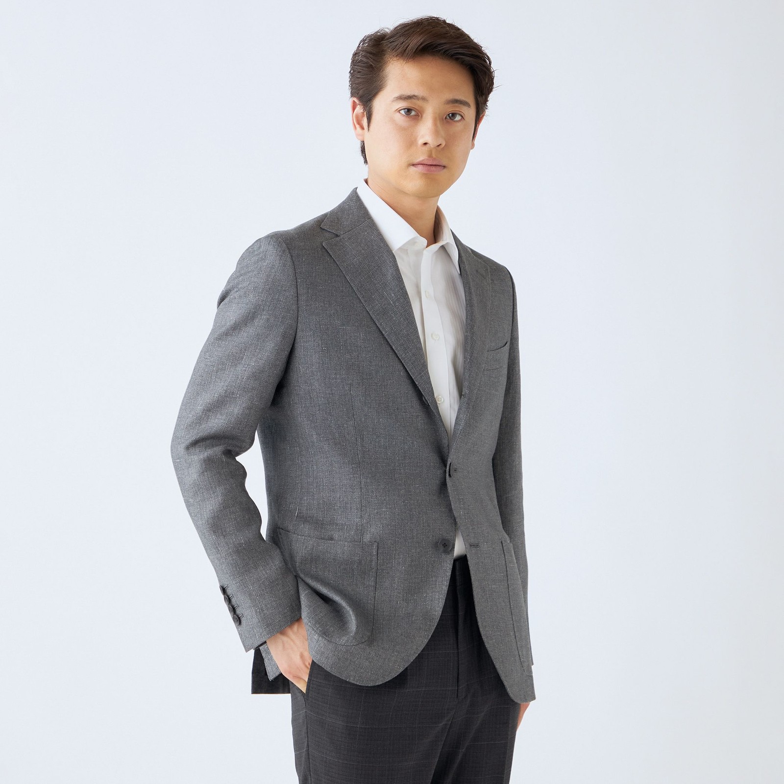 【CLASSICO TAPERED】【春夏】リネンブレンド3釦段返りシングルジャケット/グレー/パッチポケット/MARZOTTO