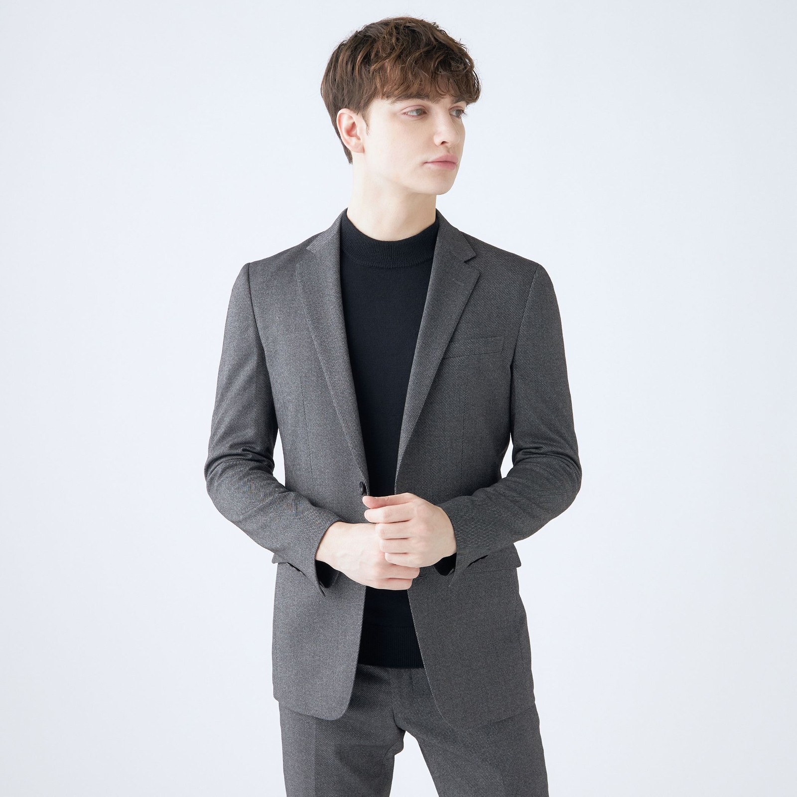 【SLIM TAPERED_2】【秋冬】2釦シングルスーツ 0タック/グレー×ツイル/ウエストシャーリング/4S SUSTAINABILITY&ECOLOGY FABRIC/ウォッシャブル/※パンツ裾上げ済仕様