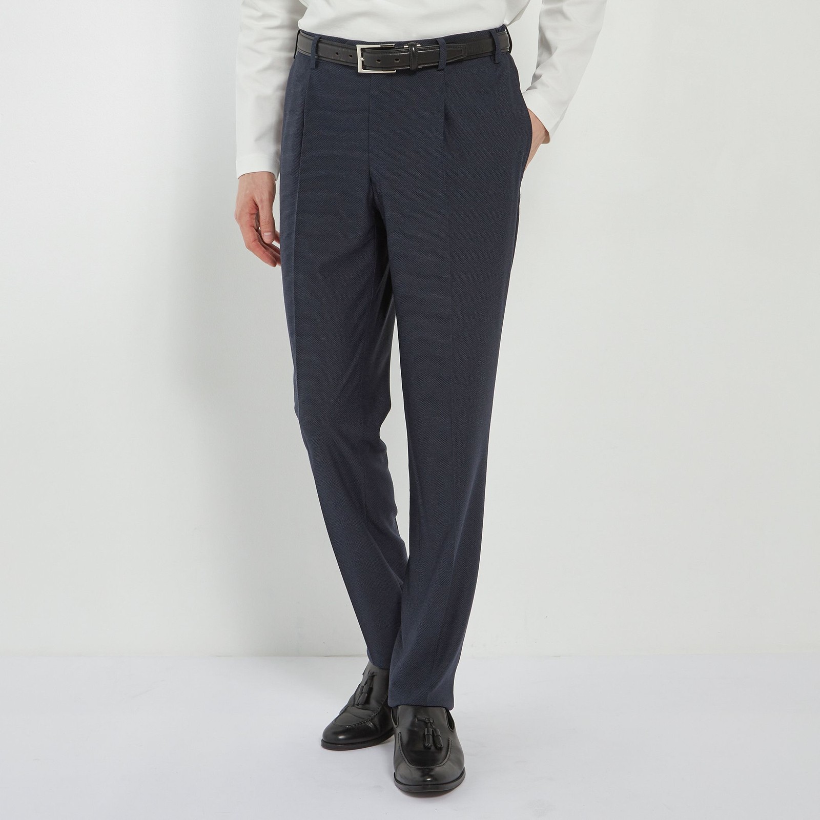 【CLASSICO TAPERED】【春夏】1タックテーパードパンツ/ネイビー/ウエストシャーリング仕様/4S SUSTAINABILITY&ECOLOGY FABRIC/※裾直し必要