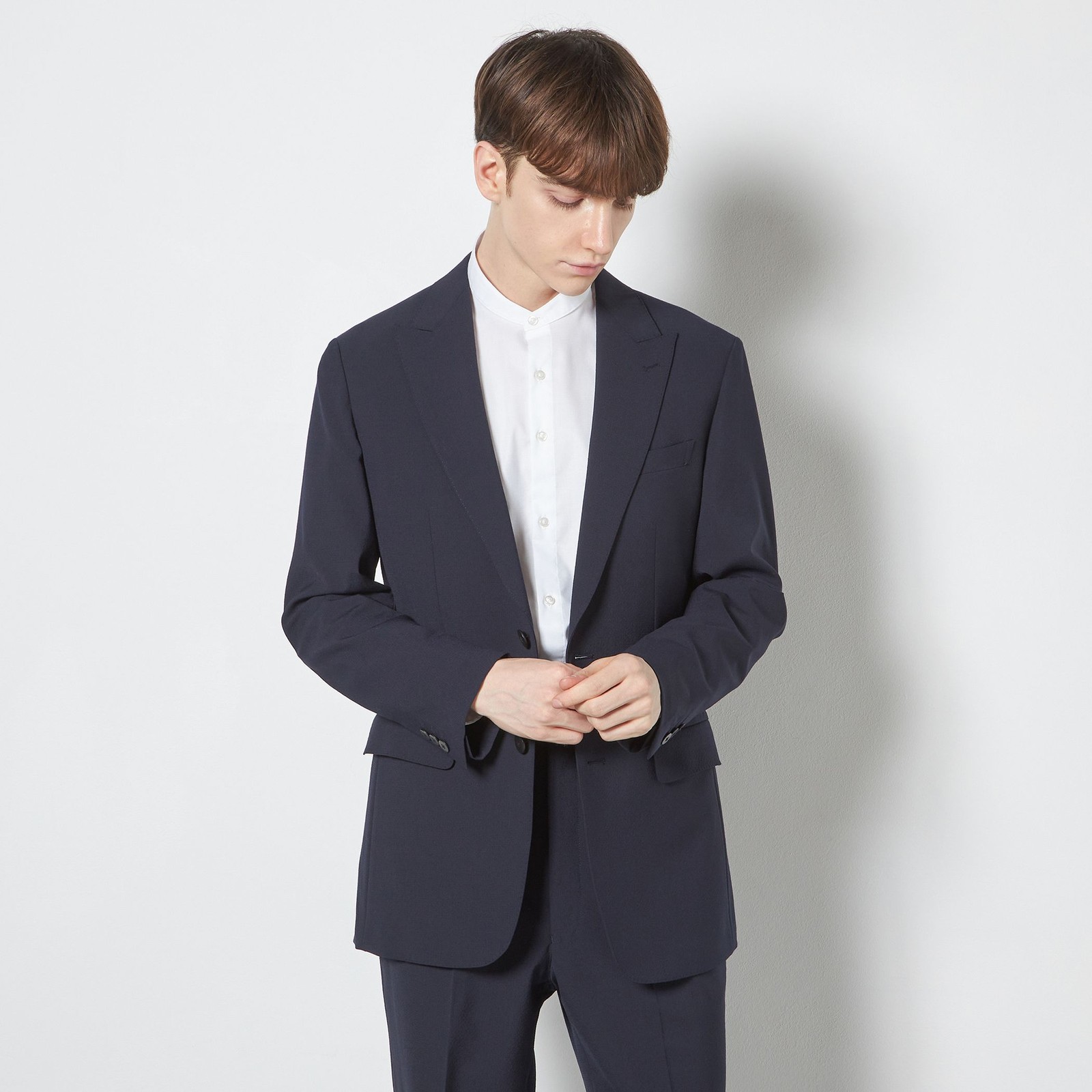【WIDE PANTS SUIT】【春夏】2釦シングルジャケット/ネイビー×シアサッカー/NEW ZEALAND WOOL MIX Super100’s