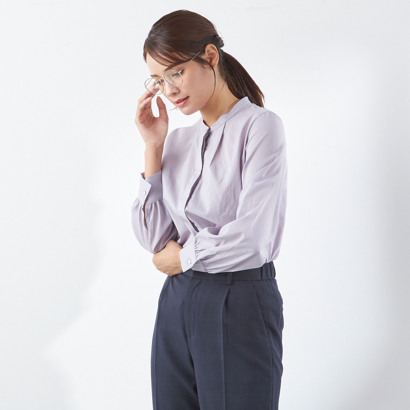 【SL/長袖】バンドカラー比翼仕様/パープル/「ストレッチ」「通気性」「吸水・速乾」