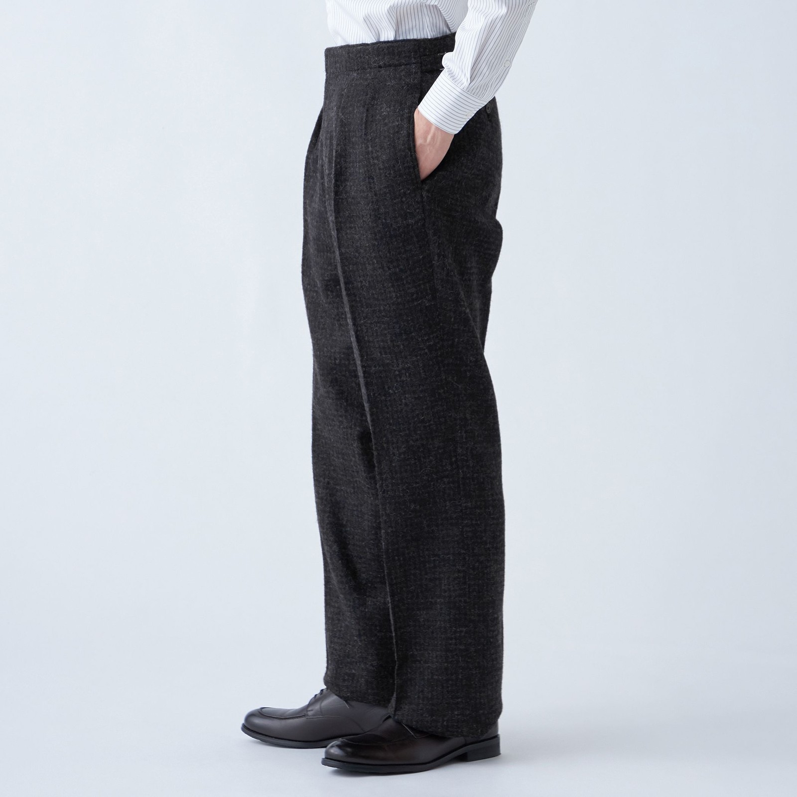 【発送在庫あり】【Just Loose】【秋冬】ウールブレンドパンツ 2タック/ブラック×チェック+ツイード/MALLALIEUS 1863 woven in england/※裾上げ必要