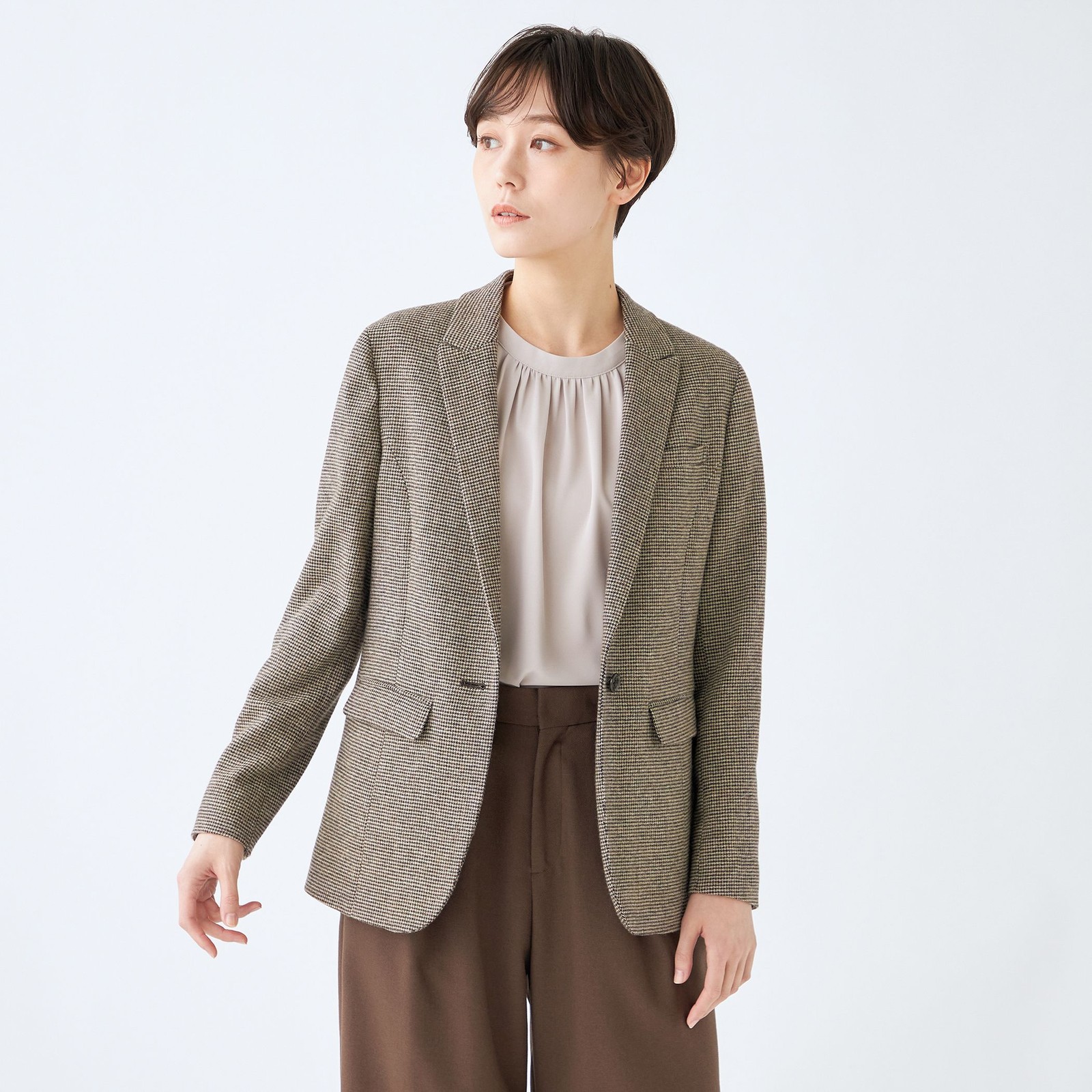 【RELAX TAPERED】【秋冬】1釦ピークドラペルジャケット/ブラウン×ハウンドトゥース/RE:NEWOOL