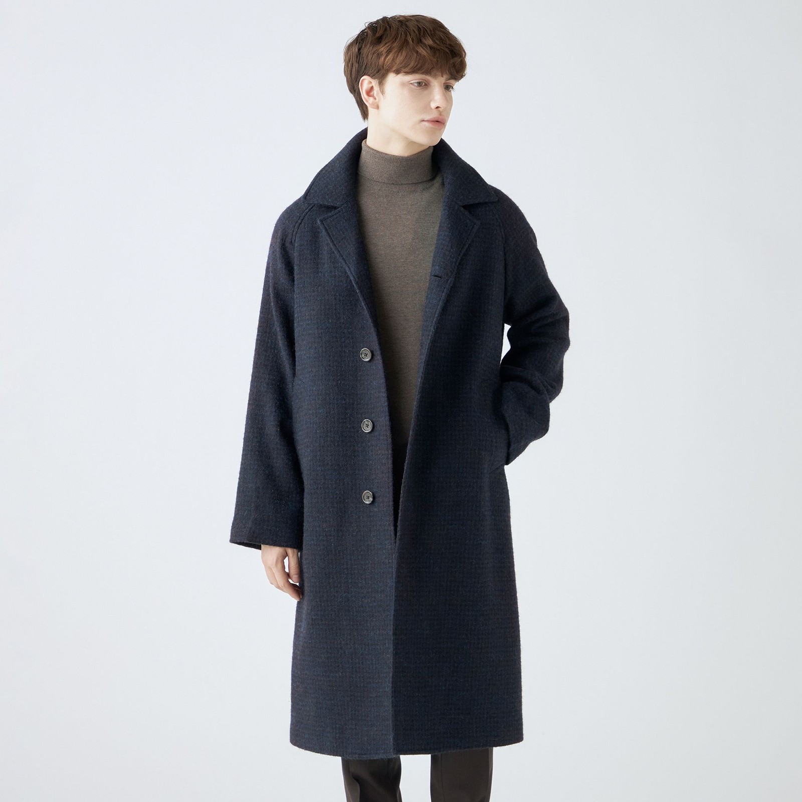 【発送在庫あり】【SL】ウールシングルラグランバックベルトコート/ネイビー/VALLEY MILLS BY MALLALIEUS fabric made in england