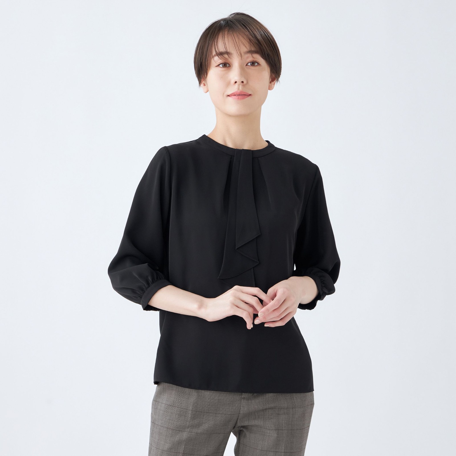【SILVER LINE/7分袖】2WAYタイ付きハイネックプルオーバー/ブラック