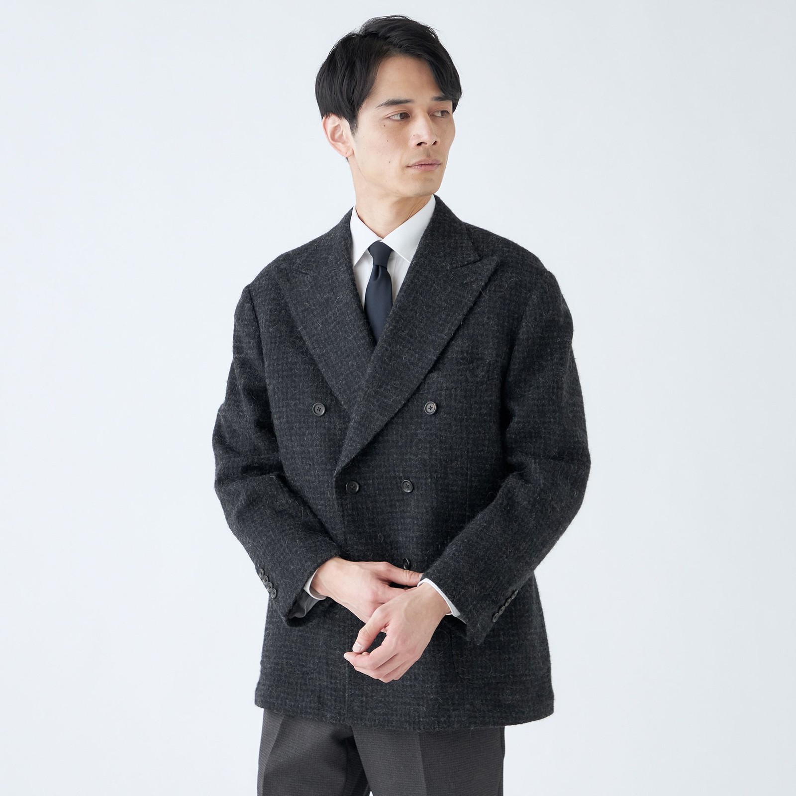 【発送在庫あり】【Just Loose】【秋冬】6釦2掛けダブルジャケット/グレー×チェック+ツイード/MALLALIEUS 1863 woven in englan