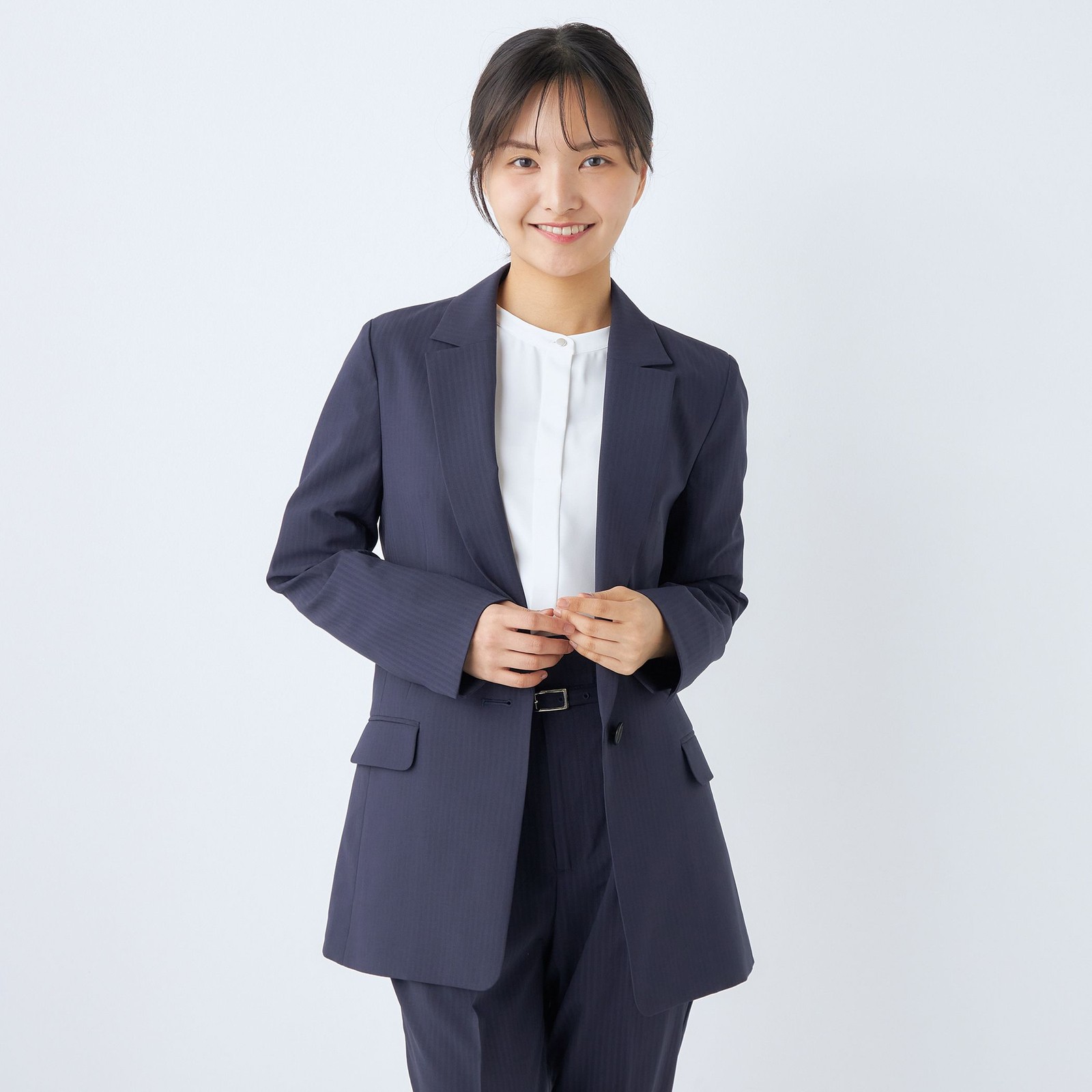 【SL】【年間】1釦シングルパンツスーツ/ネイビー×シャドーストライプ/ウォッシャブル/4S/TRABEST/※パンツ裾上げ済仕様