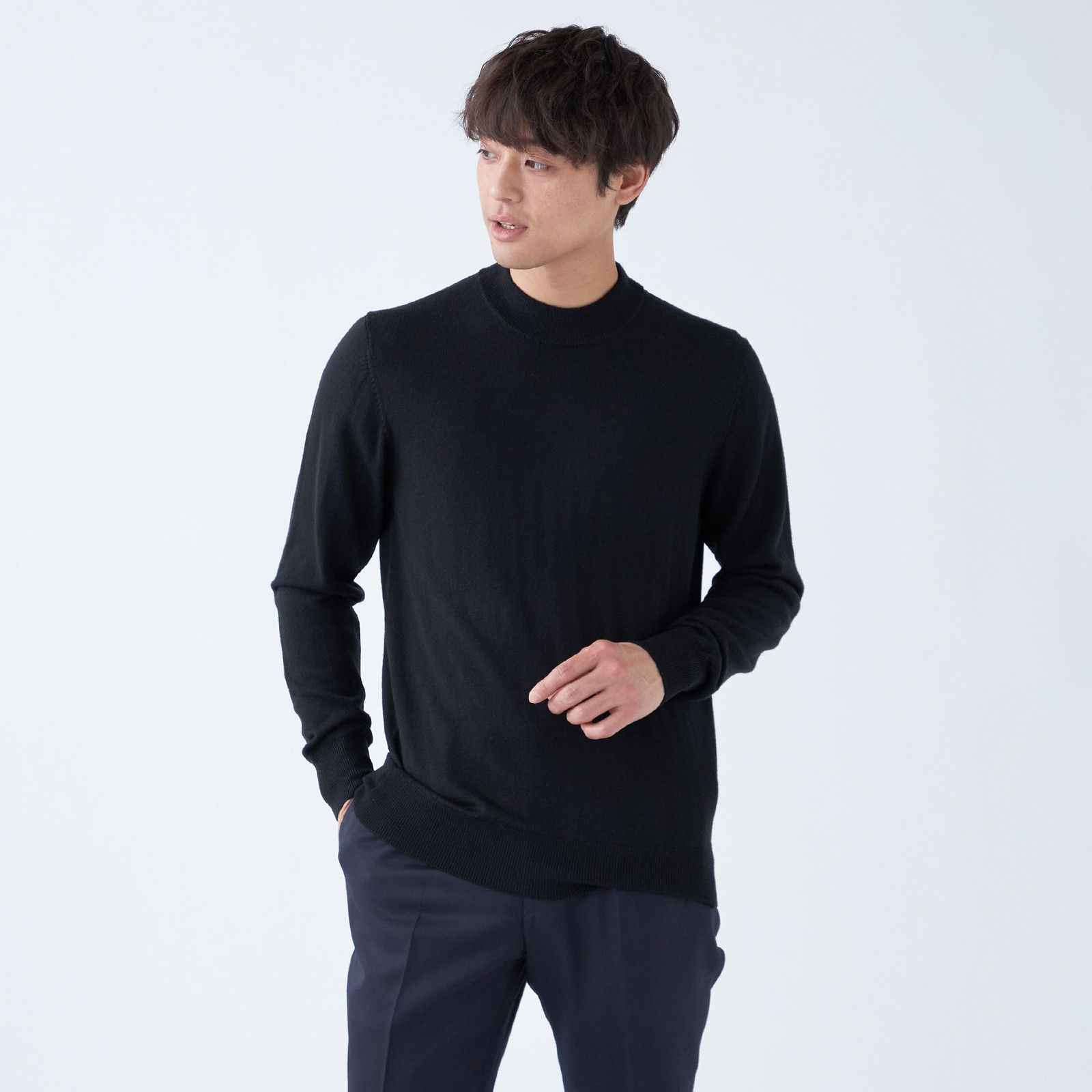 【発送在庫あり】【RBC】【秋冬】ウール100%モックネックニットセーター/ブラック/ZEGNA BARUFFA/マシンウォッシャブル