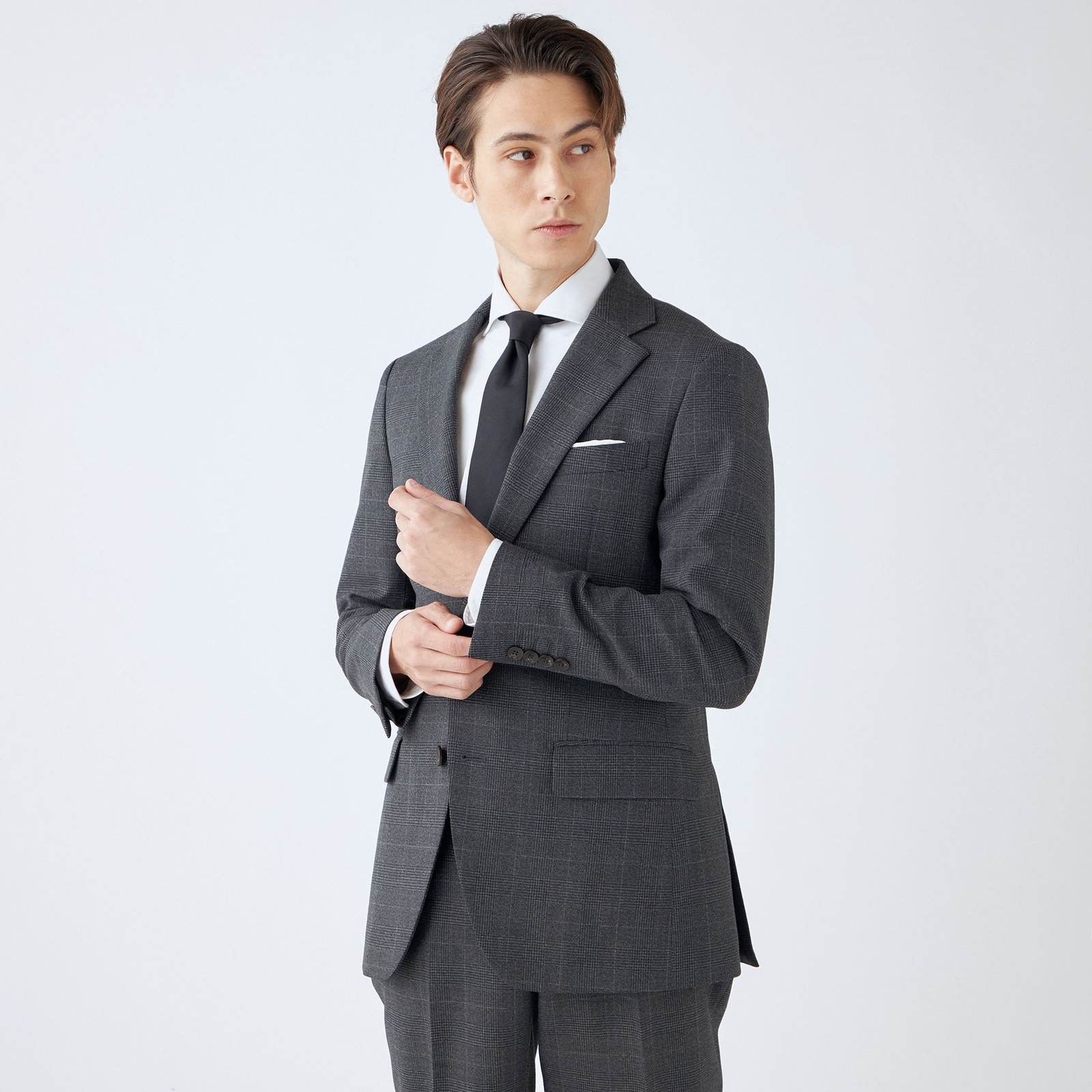 【発送在庫あり】【CLASSICO TAPERED】【秋冬】スペアパンツ付き/2釦シングルスーツ 1タック/グレー×グレンチェックオーバーペン/ウォッシャブル/※裾上げ必要