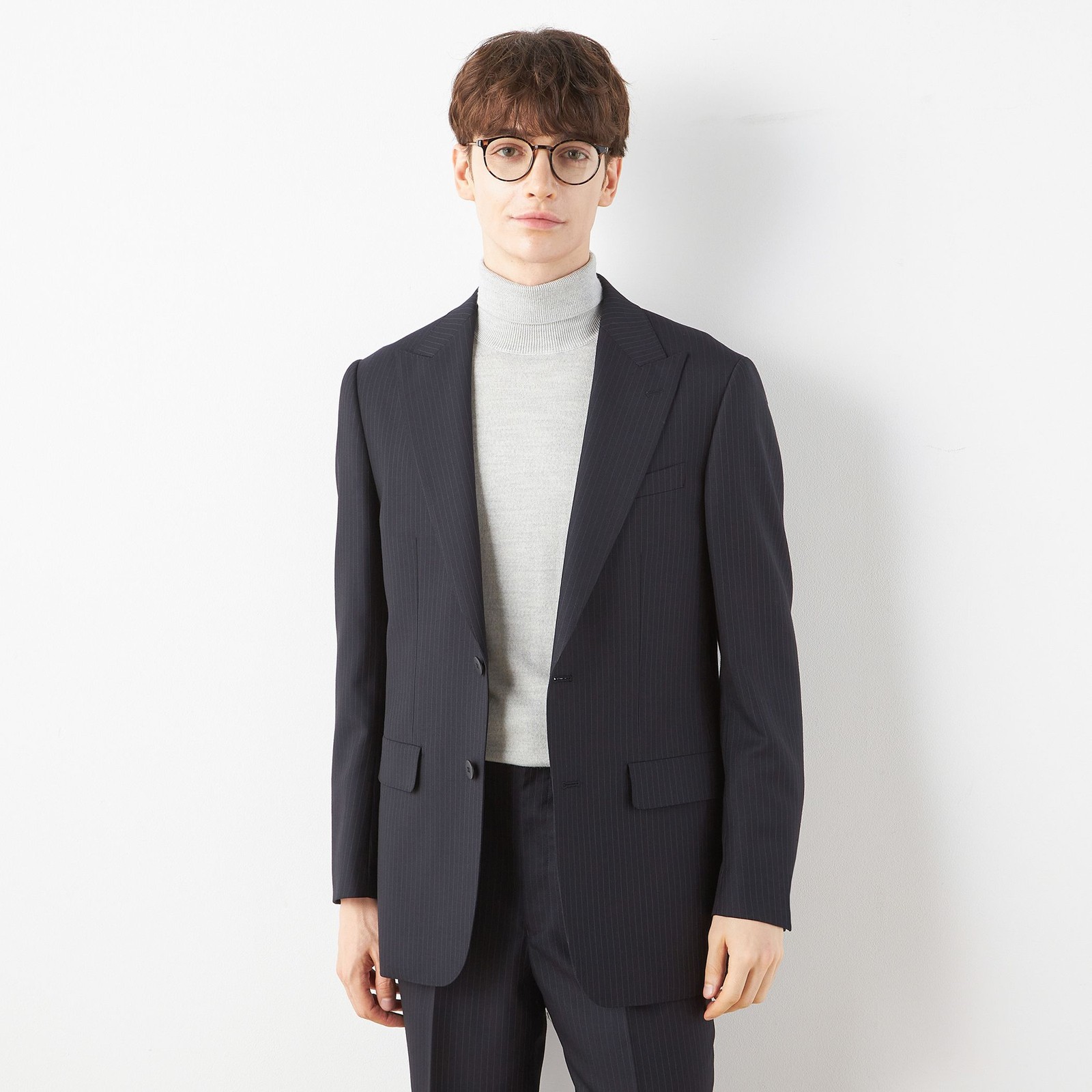 【発送在庫あり】【WIDE PANTS SUIT】【秋冬】ピークドラペル2釦シングルジャケット/ネイビー×ストライプ/NEW ZEALAND WOOL MIX
