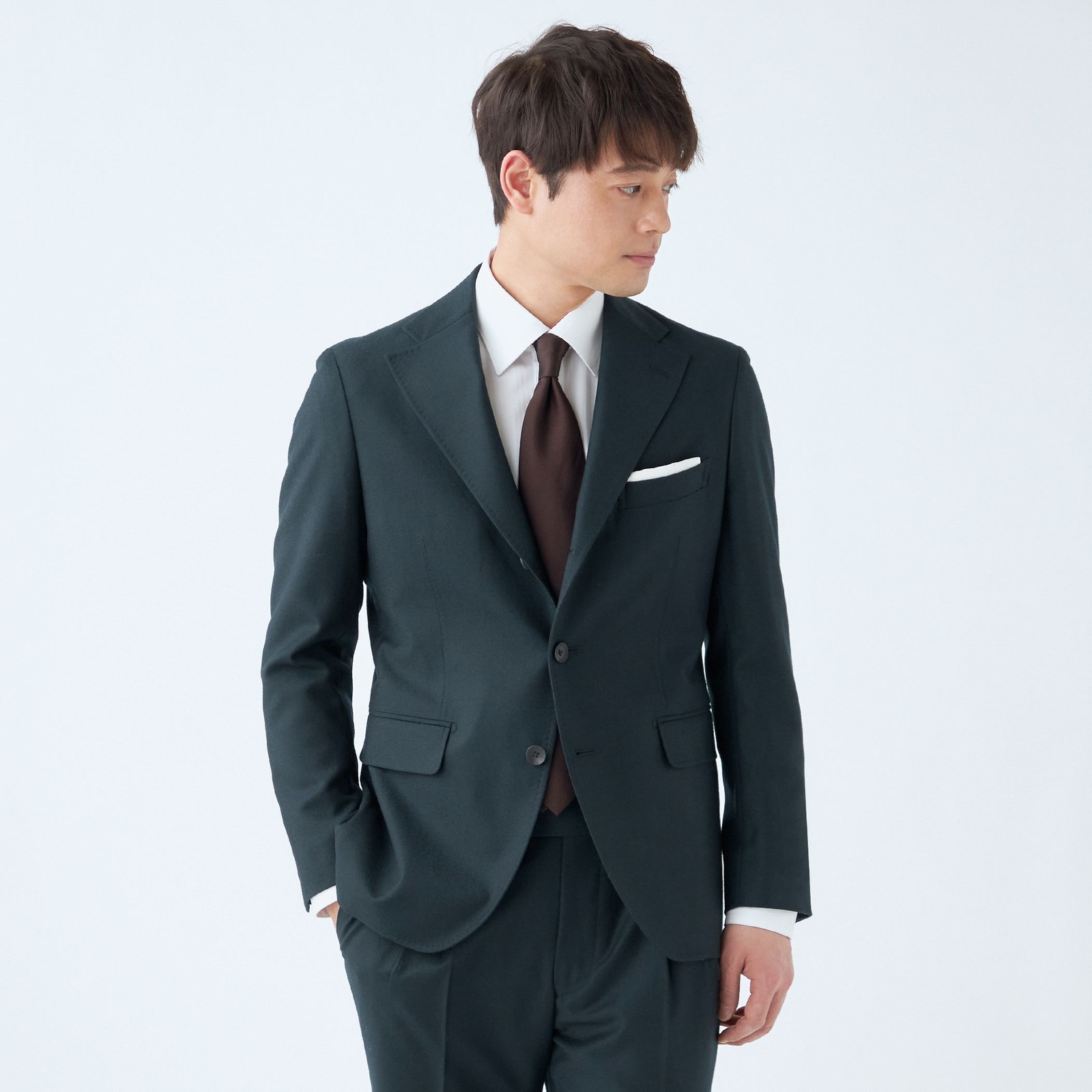 【CLASSICO TAPERED】【秋冬】3釦段返りシングルスーツ 2タック/ネイビーグリーン/ウエストムーブ/MARZOTTO/※裾上げ必要