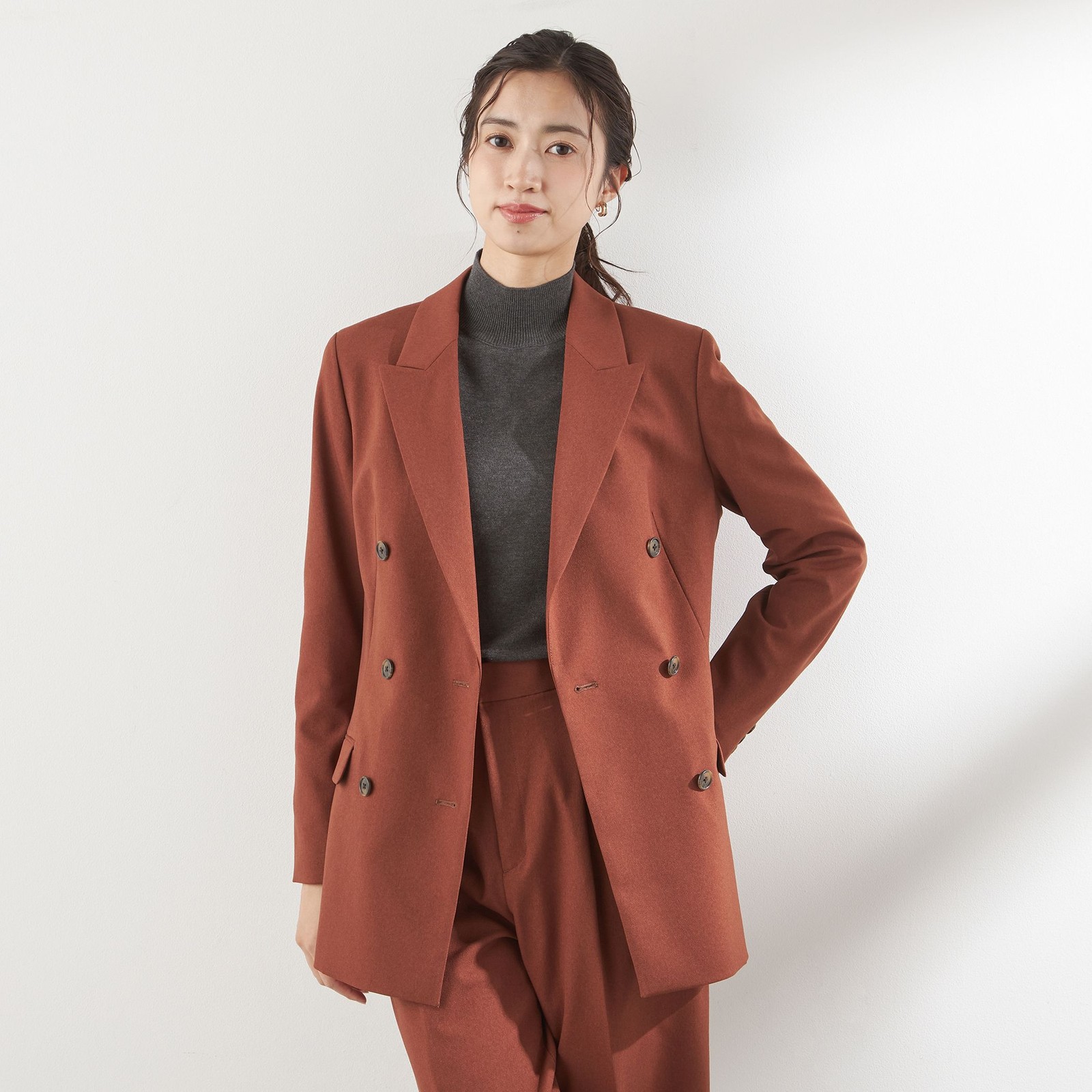 【RELAX WIDE】【秋冬】 ダブルジャケットワイドパンツスーツ/ブリックブラウン/4S SUSTAINABILITY&ECOLOGY FABRIC/※パンツ裾上げ済仕様