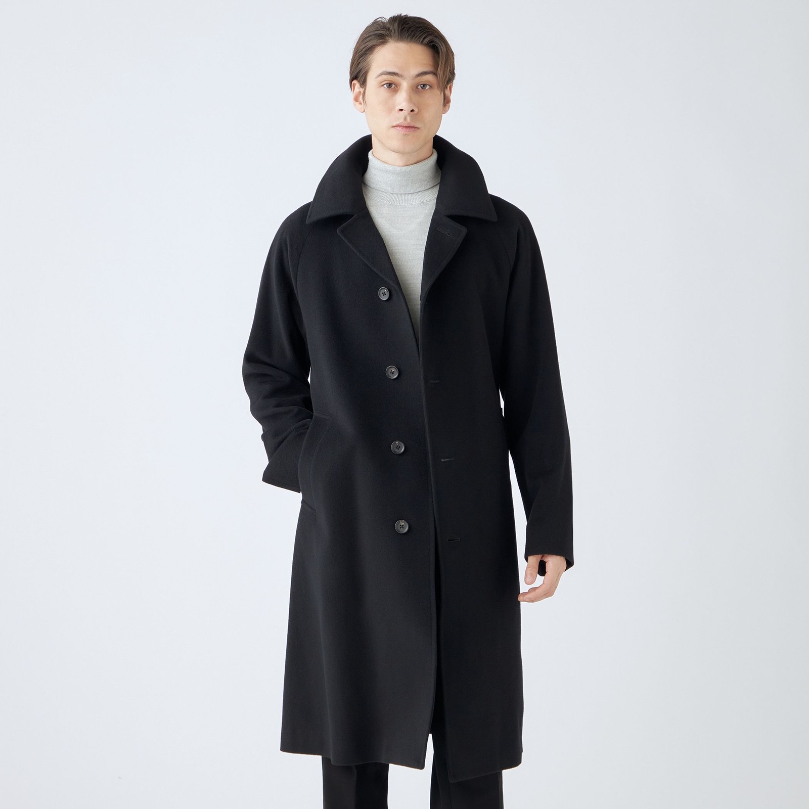 【SL】カシミヤブレンドシングルラグランベルテッドコート/ブラック/BISHU JAPAN FABRIC
