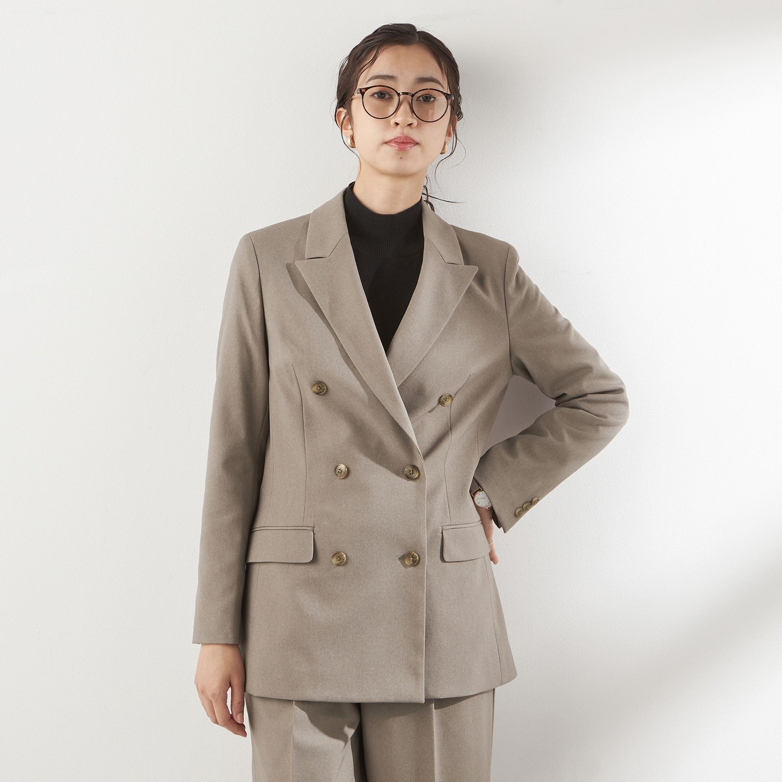 【RELAX WIDE】【秋冬】 ダブルジャケットワイドパンツスーツ/グレイッシュベージュ/4S SUSTAINABILITY&ECOLOGY FABRIC/※パンツ裾上げ済仕様