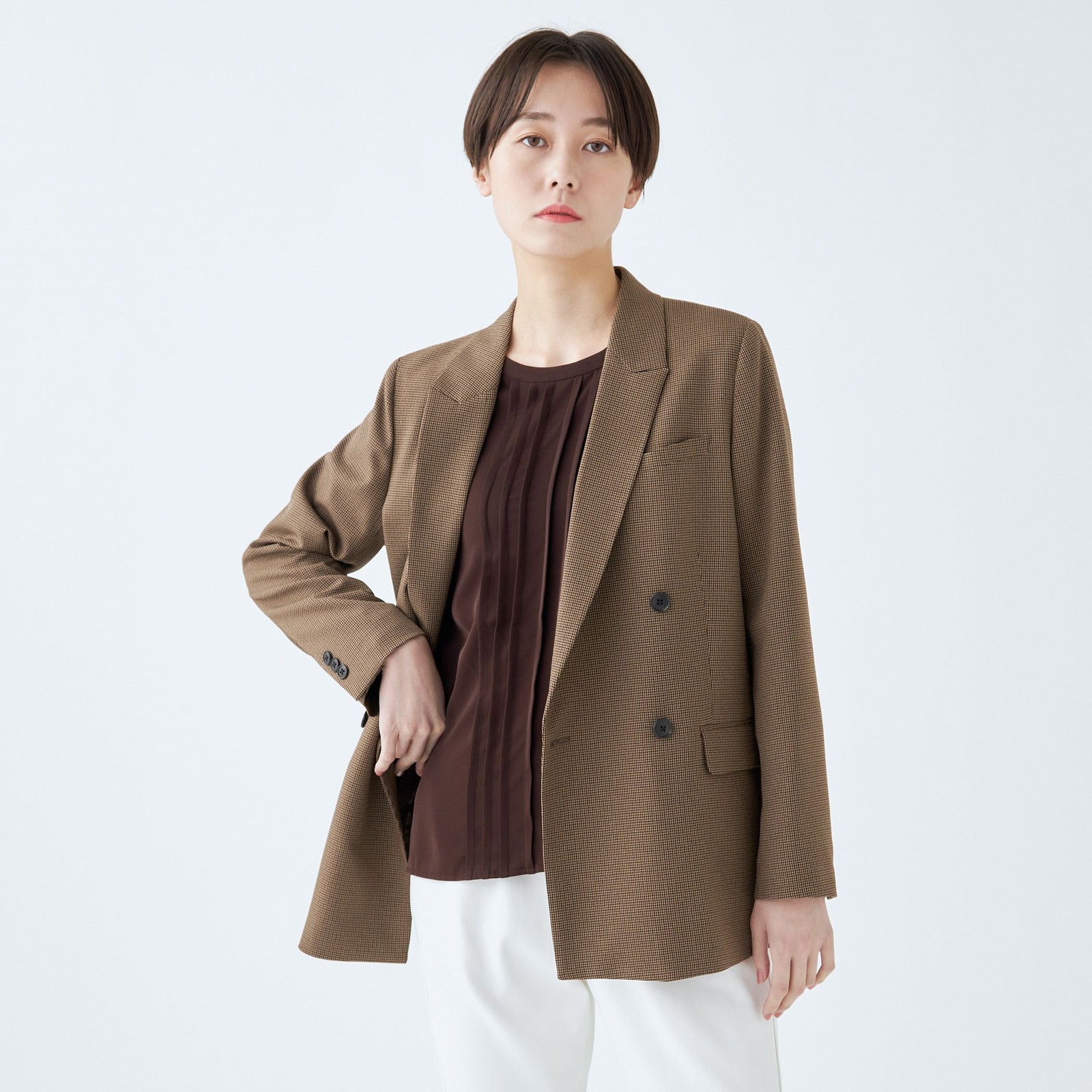 【RELAX TAPERED_2】【秋冬】4釦1掛けダブルジャケット/ブラウン×ガンクラブチェック/ウォッシャブル