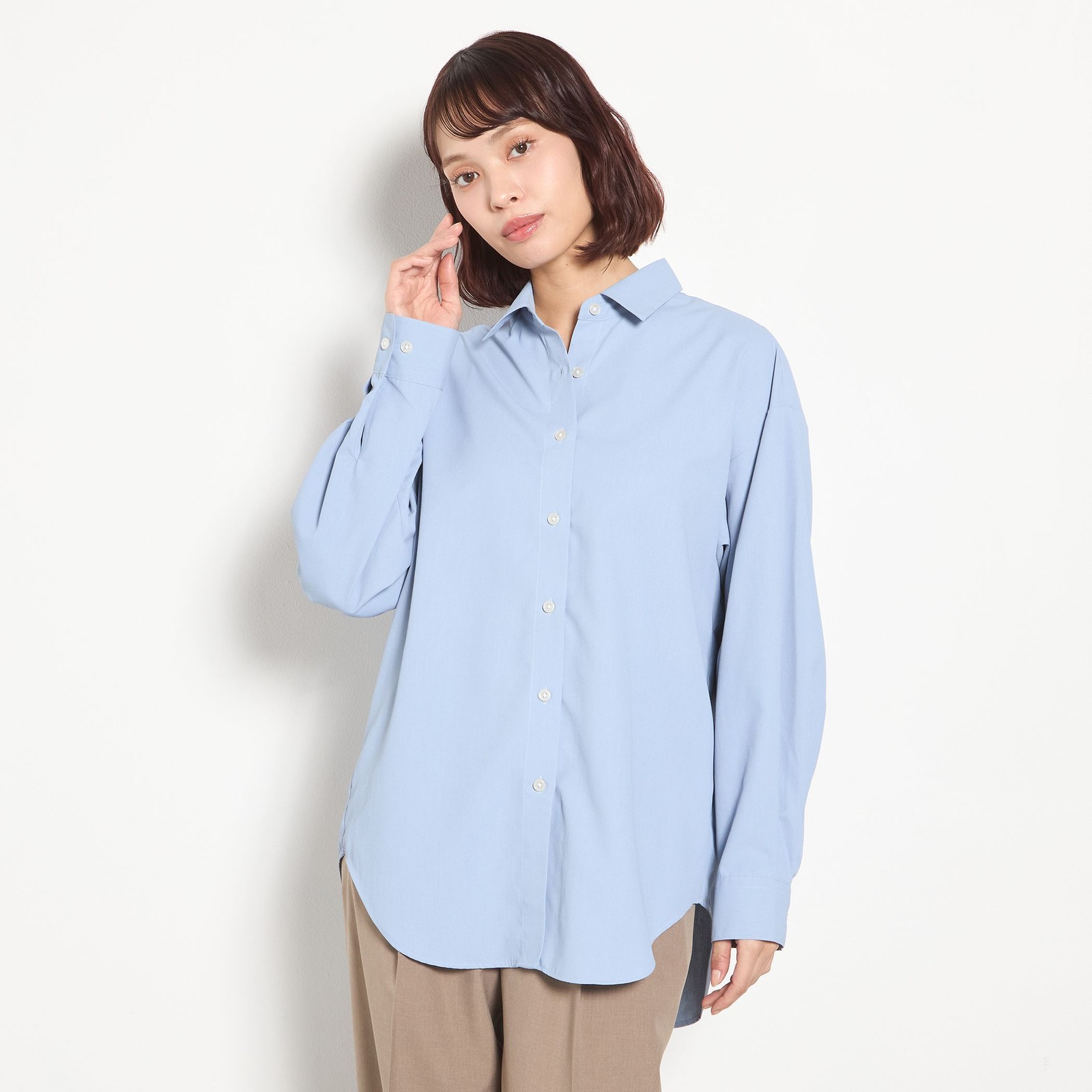 【汗ジミ防止】【SILVER LINE/長袖】レギュラーカラーオバーサイズシャツ/ブルー