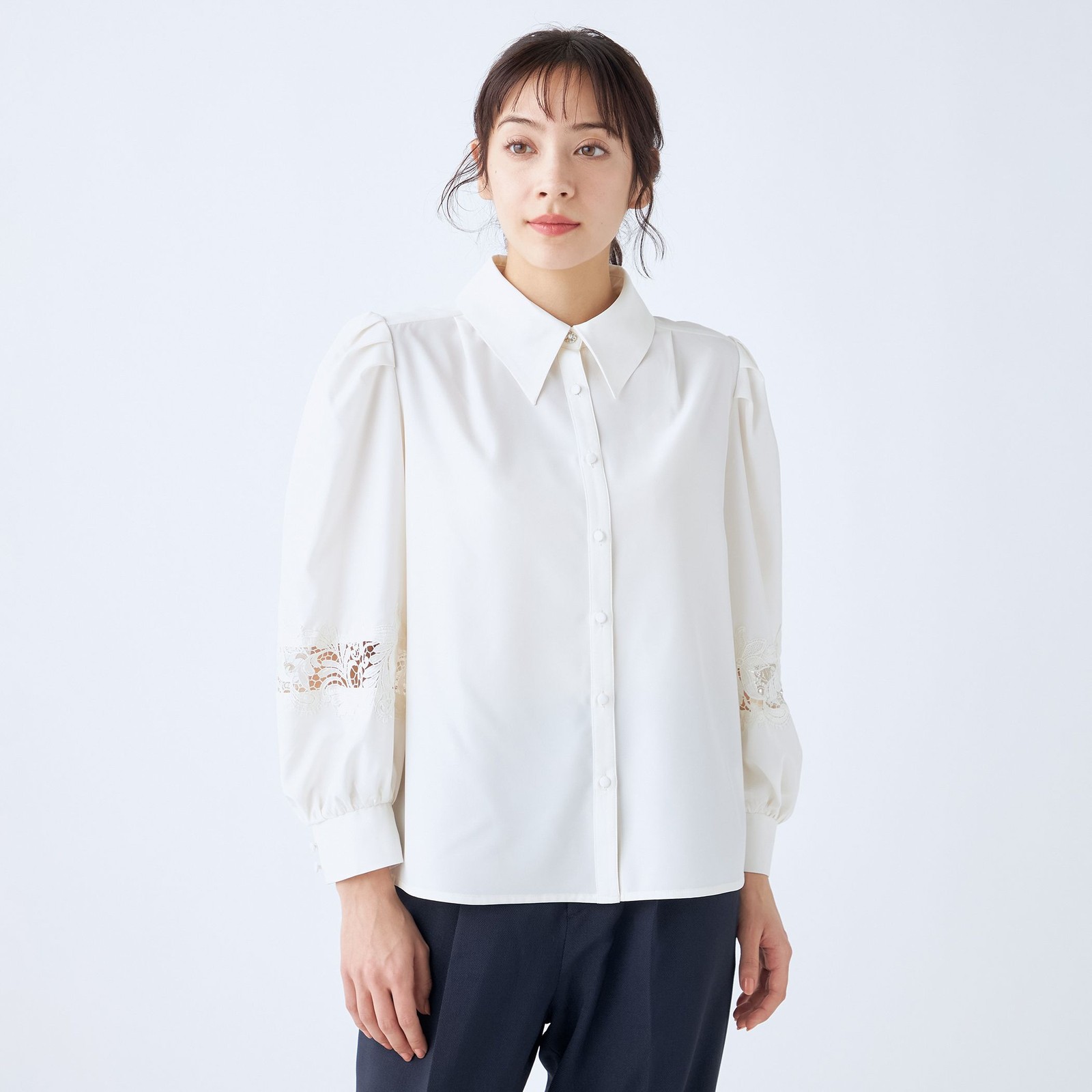  【Lady Like BLOUSE】【長袖】袖レース切替えブラウス/クリームホワイト
