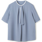 【SILVER LINE/5分袖】配色タイ脱着式/ブルー/「ウォッシャブル」「ストレッチ」「防シワ」「UV加工」「接触冷感」