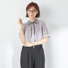 【半袖】リボン付きバンドカラーブラウス/ラベンダー