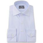 【WEB限定/OUTLET/汚れ・キズ等有】【BLACK LINE】ワイドカラーワイシャツ/ブルー×ドビーストライプ/「4S」スーパーノンアイロン・ストレッチ