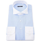 【WEB限定/OUTLET/汚れ・キズ等有】【BLACK LINE】【形態安定】クレリックホリゾンタルワイドスナップダウンワイシャツ/襟袖口：ホワイト+ブルー×ソリッド