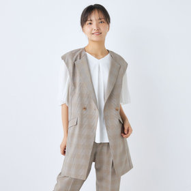 【SL】【年間】ノーカラーダブル釦ジレ/ブラウン×チェック