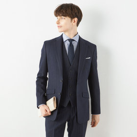 【SLIM TAPERED_2】【秋冬】2釦シングルスリーピーススーツ 0タック/ネイビー×ストライプ/ウエストシャーリング/4S SUSTAINABILITY&ECOLOGY FABRIC/※パンツ裾上げ済仕様