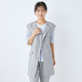 【SL】【年間】ノーカラーダブル釦ジレ/グレー×チェック