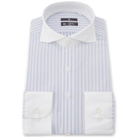 【発送在庫あり】【BLACK LINE】クレリックホリゾンタルワイドスナップダウンワイシャツ/襟袖口：ホワイト+ホワイト×グレーストライプ/「4S」スーパーノンアイロン・ストレッチ