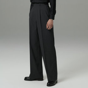 【BLACK LINE】1タックワイドシルエットパンツ/グレー×サイロフィル/NEW ZEALAND WOOL MIX Super100’s/※裾上げ必要