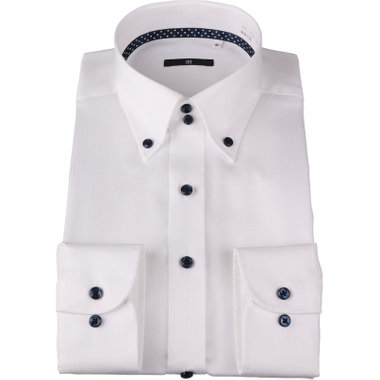 【WEB限定/OUTLET】【BL】【形態安定】ドゥエボットーニボタンダウンドレスワイシャツ/ホワイト×ドビーストライプ/襟裏テープ：ネイビー×ホワイトドット/釦・釦付糸：ネイビー