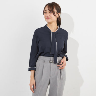 【SILVER LINE/7分袖】配色ボウタイプルオーバー/ネイビー+ホワイト/「ウォッシャブル」「ストレッチ」「防シワ」「UV加工」「静電気防止」