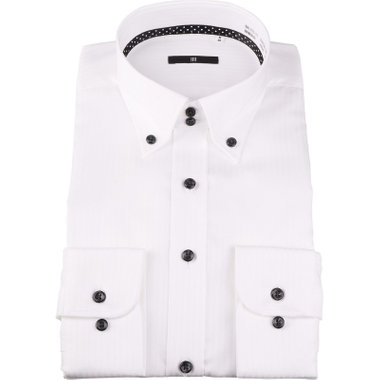 【WEB限定/OUTLET】【BL】【形態安定】ドゥエボットーニボタンダウンドレスワイシャツ/ホワイト×ドビーストライプ/襟裏別布：ネイビー×ホワイトドット/釦.釦付糸：ブラック