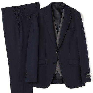【SLIM TAPERED】【年間】2釦シングルスリーピーススーツ 0タック/ネイビー×ヘリンボーン /ウエストシャーリング/4S TAKE OUT SUITS /リバーシブルベスト（グレー）/※パンツ裾上げ済仕様