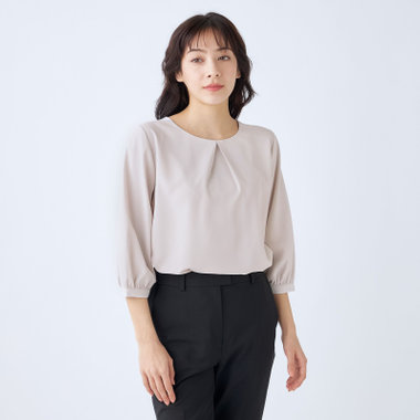 【SILVER LINE/7分袖】前後2WAYクルーネックプルオーバー/ベージュ/「ウォッシャブル可能」「2WAYストレッチ」「防シワ」「UV加工」「接触冷感」