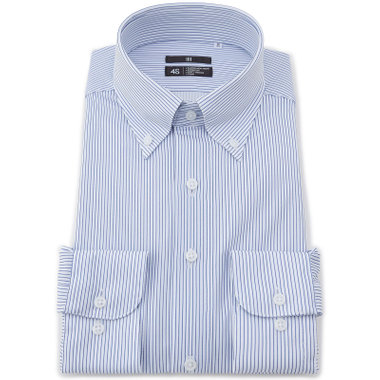 【発送在庫あり】【WEB限定】【BLACK LINE】ボタンダウンワイシャツ/ホワイト×ネイビーストライプ/「4S」スーパーノンアイロン・ストレッチ