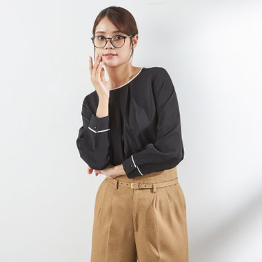 【SL/長袖】ランダムタックプルオーバー/ブラック+ホワイト/「ウォッシャブル」「ストレッチ」「防シワ」「UV加工」「静電気防止」