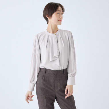 【SL/長袖】ラッフルタイ付きプルオーバーブラウス/グレー/2WAYストレッチ/UV加工/ウォッシャブル