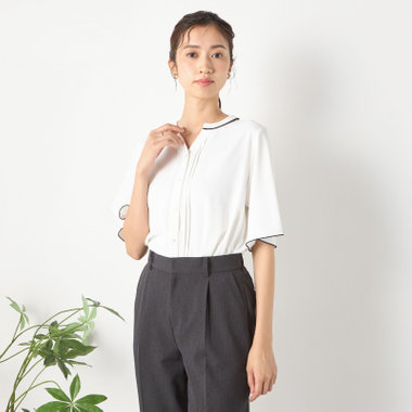 【SILVER LINE/5分袖】配色スキッパー前開き メタルボタン/ホワイト/「ウォッシャブル」「ストレッチ」「防シワ」「UV加工」「接触冷感」