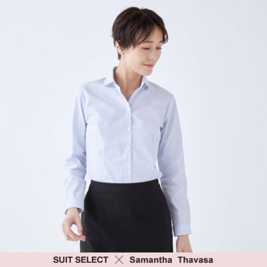 【SUIT SELECT×Samantha Thavasa】【長袖】リボン&フリル取り外しスキッパー/ブルー×ドビーストライプ