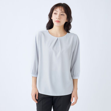 【SILVER LINE/7分袖】前後2WAYクルーネックプルオーバー/グレー/「ウォッシャブル可能」「2WAYストレッチ」「防シワ」「UV加工」「接触冷感」